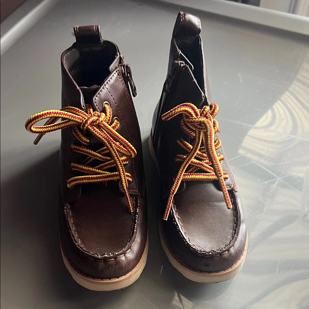 Cat & Jack Dark Brown Ankle‎ Boots with Yellow-Red Laces
